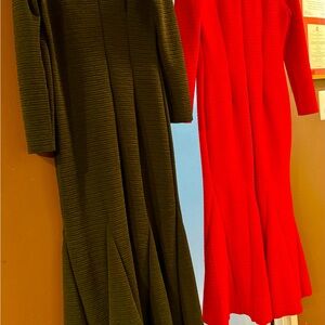 Elegant Red and Olive Green Ribbed Dresses